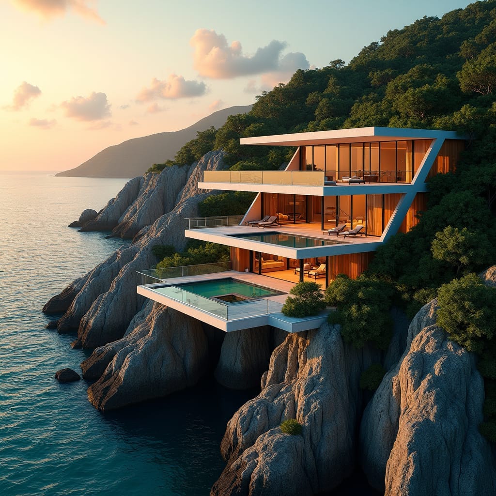 Luxurious modern Jamaican mansion nestled between rugged rock formations, with expansive openings and large triangular windows that seamlessly blend into the natural surroundings. The architecture features large platforms and angular lines, giving the home a striking, sculptural appearance. A rooftop pool appears to float above the landscape, reflecting the vibrant hues of the Caribbean sky.