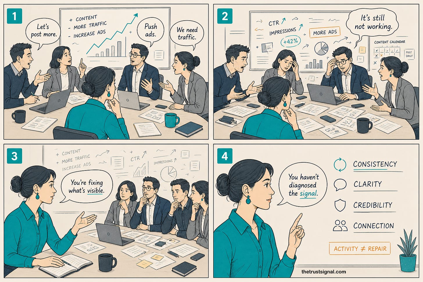 Four panel cartoon showing a B2B marketing team focused on tactics like more content and ads while an analyst identifies underlying trust signal problems across consistency clarity credibility and connection that activity alone cannot fix