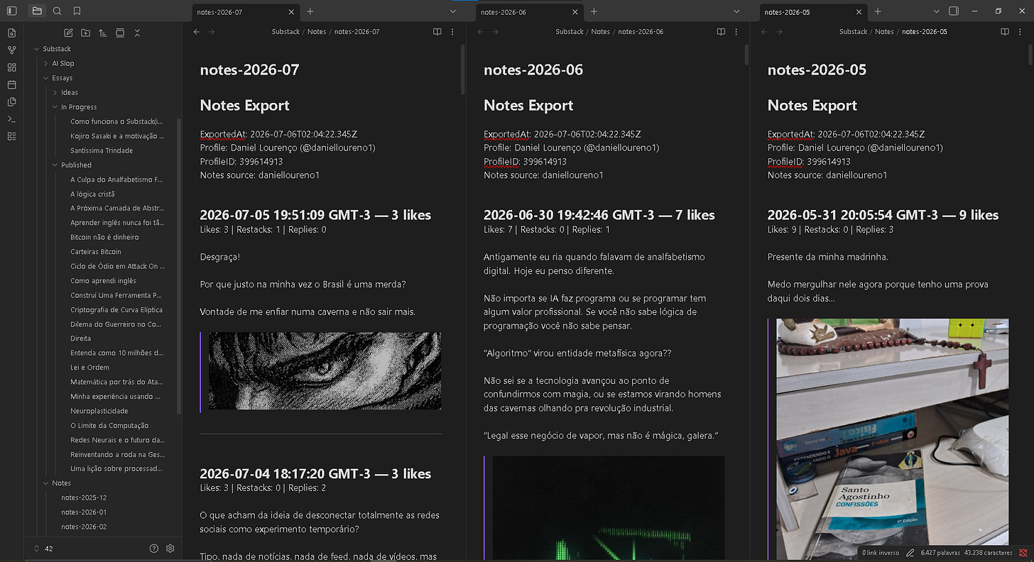 Um programa de edição de texto com quatro colunas, a mais a esquerda mostra os diretórios dos arquivos abertos. As três abas à direita mostram postagens em texto com imagens, metadados de engajamento e ID do usuário.