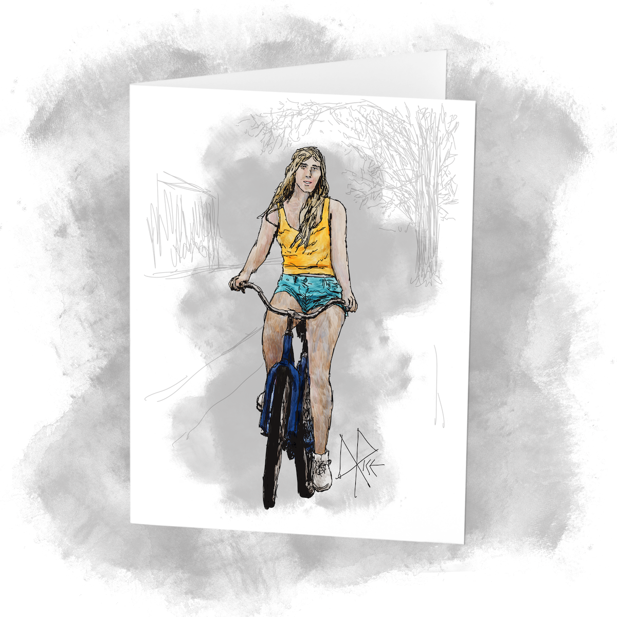 A blonde woman in jean shorts and a yellow shirt, happily hiding a bicycle. Sketch art by Don Rice. A blonde woman in jean shorts and a yellow shirt, happily hiding a bicycle. Sketch art by Don Rice.
