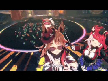 two anime characters are dancing in front of a crowd and one of them is wearing sunglasses and a top hat two anime characters are dancing in front of a crowd and one of them is wearing sunglasses and a top hat