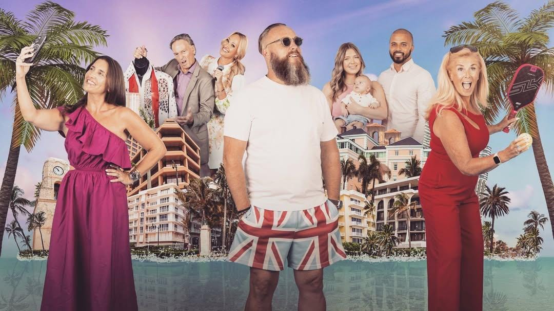 Promotional photo for Channel 4's Escape to Florida featuring beauty editor Donna Francis on the left and her husband Dan in the center wearing his signature Union Jack shorts. Promotional photo for Channel 4's Escape to Florida featuring beauty editor Donna Francis on the left and her husband Dan in the center wearing his signature Union Jack shorts.