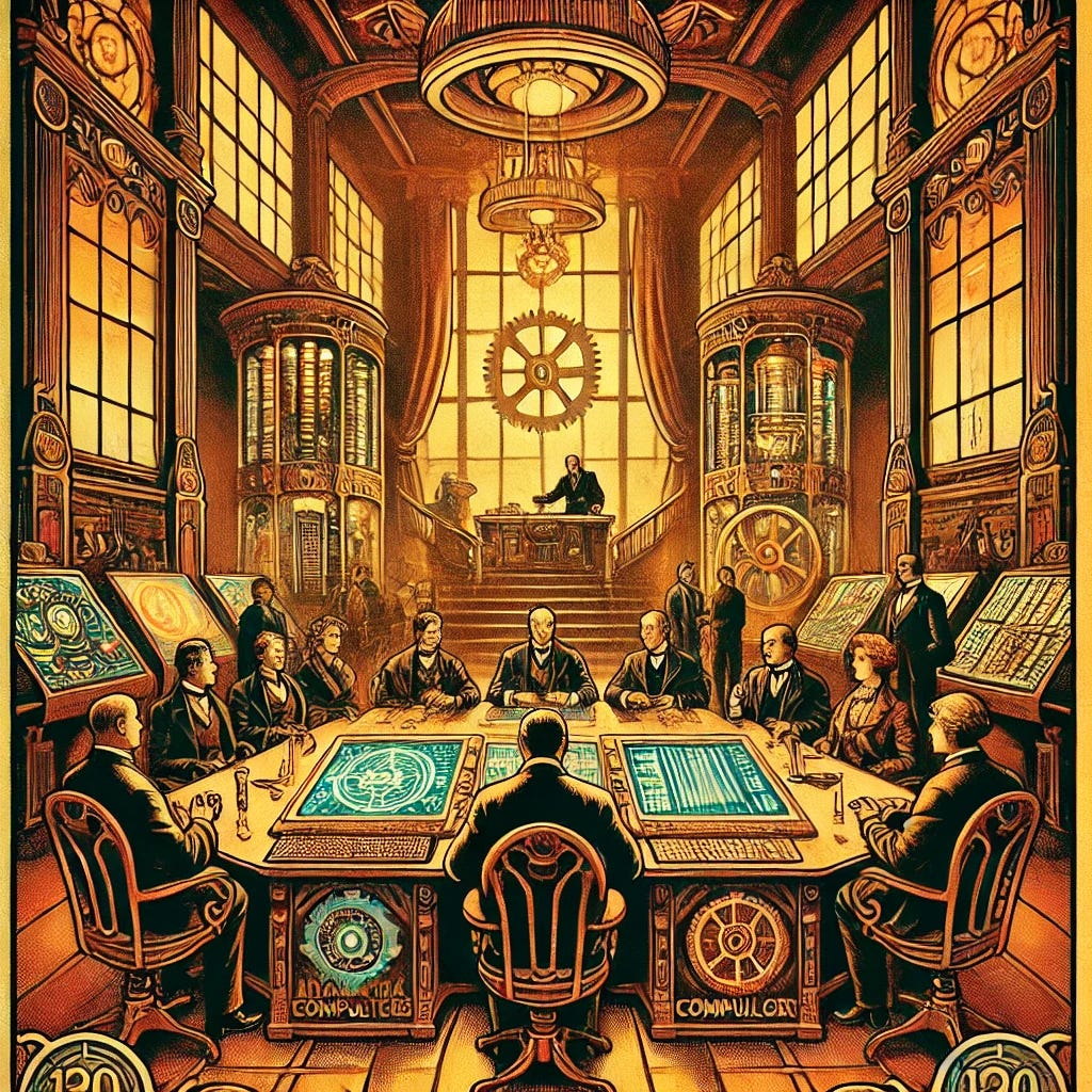 A futuristic 1910s-style poster depicting a board meeting in an alternate timeline where advanced technology exists. The scene shows elegantly dressed executives in a grand Art Nouveau-style boardroom, surrounded by early 20th-century mechanical computers, glowing analytical machines, and futuristic communication devices. The atmosphere is formal yet visionary, with rich, warm colors and intricate decorative details. The poster has a vintage texture, stylized typography, and a bold composition reminiscent of early 20th-century advertisement art.