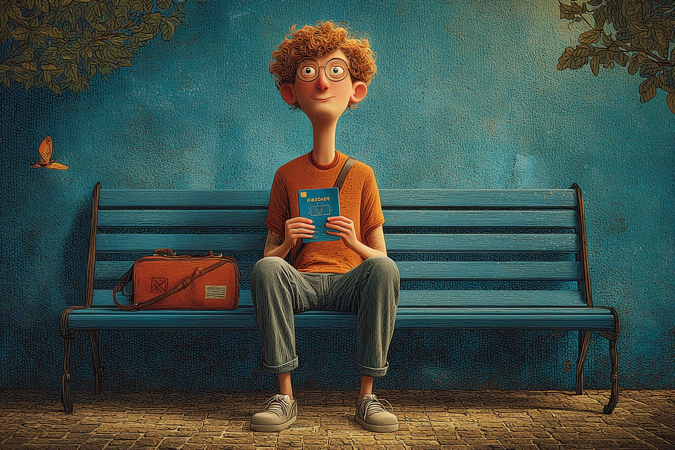 A student sitting on bench holding his passport