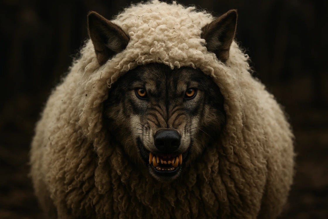 A snarling wolf disguised in a sheep’s wool cloak stares directly ahead, exposing sharp teeth beneath the deception. The image symbolizes hidden danger, manipulation, and the threat of predators who present themselves as protectors.