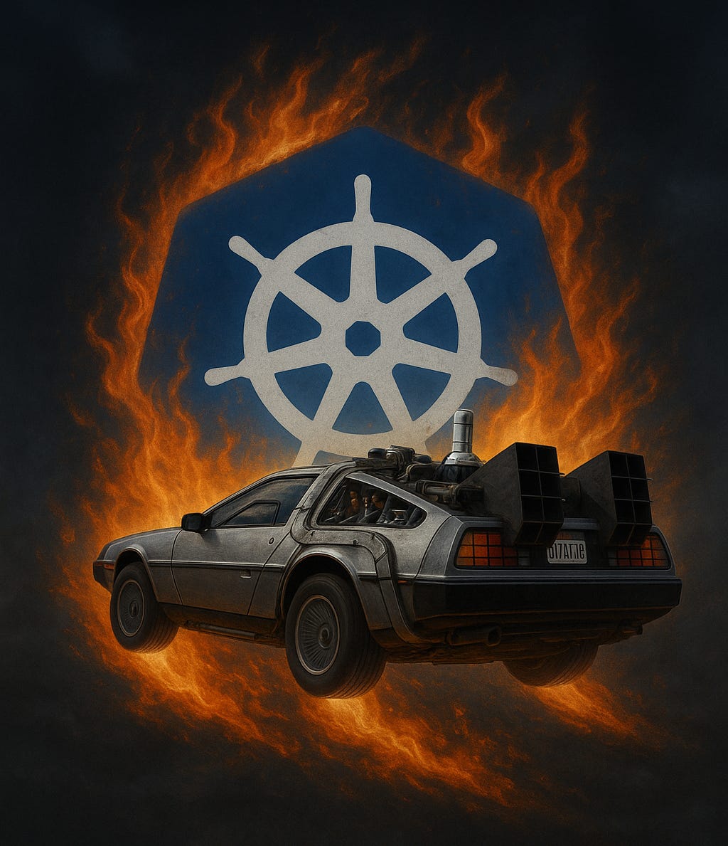 a vaguely-Back-to-the-Future-ish Delorean car driving into a flaming Kubernetes logo a vaguely-Back-to-the-Future-ish Delorean car driving into a flaming Kubernetes logo
