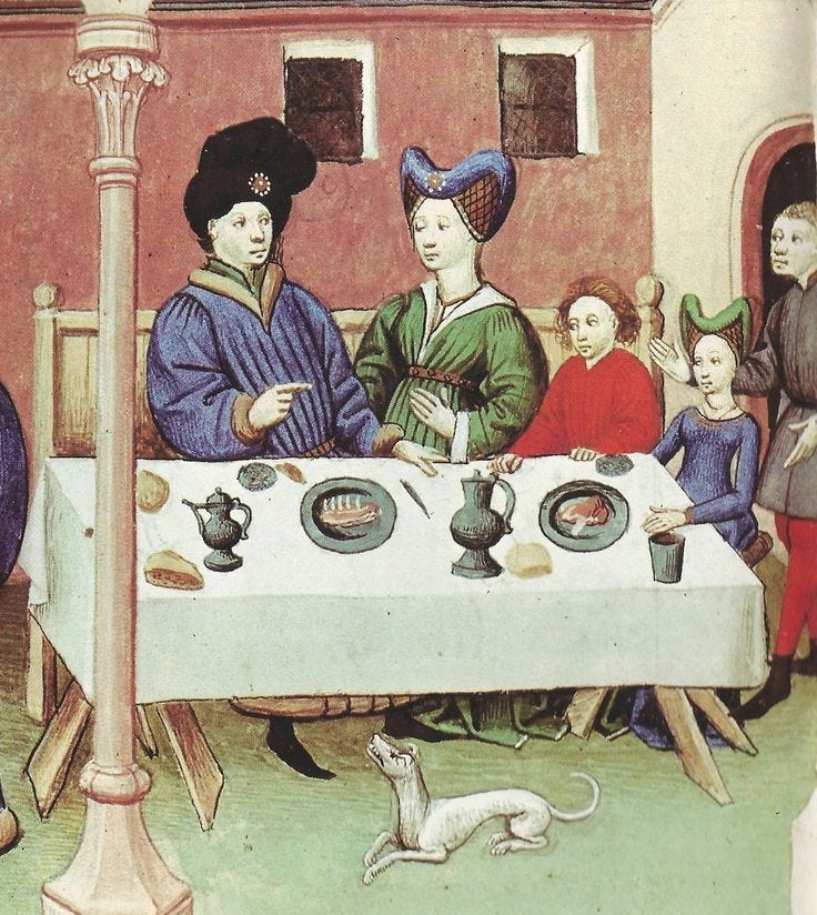 This may contain: a painting of people sitting at a table with plates and cups in front of them This may contain: a painting of people sitting at a table with plates and cups in front of them