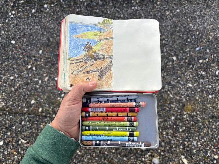 Two sketches, one pen and ink, the other neocolor ii pastel
