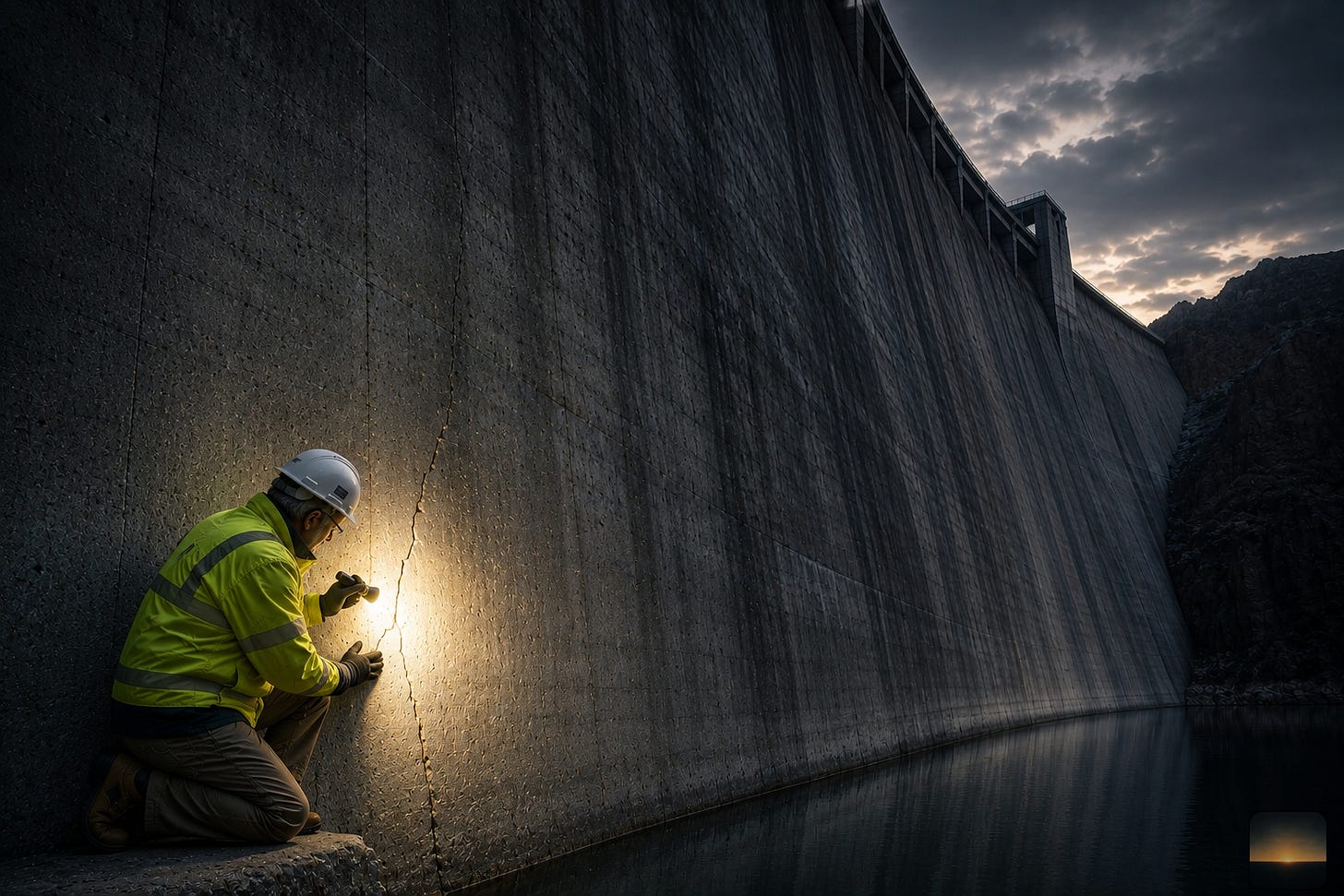 A lone structural engineer inspects a small crack in the face of a massive concrete dam, using a flashlight to examine details that are barely visible in the surrounding darkness. A lone structural engineer inspects a small crack in the face of a massive concrete dam, using a flashlight to examine details that are barely visible in the surrounding darkness.