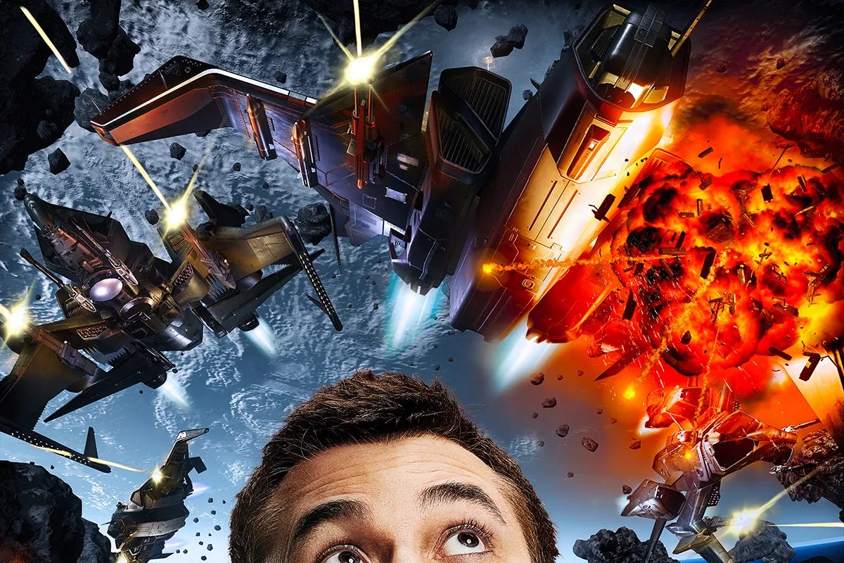 IMAGE: Photo of Chris Roberts gazes upwards at a spectacular space dogfight playing out in deep space, directly above his head. Image created by Zachary Scott for Wired magazine. IMAGE: Photo of Chris Roberts gazes upwards at a spectacular space dogfight playing out in deep space, directly above his head. Image created by Zachary Scott for Wired magazine.