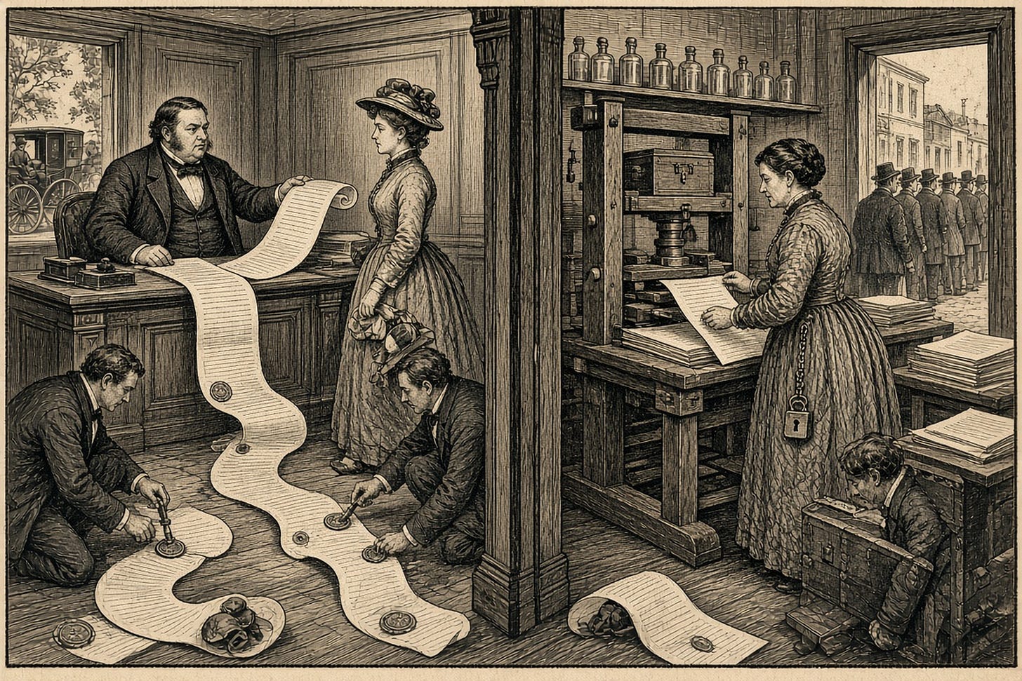 Wood-engraving editorial illustration in the Thomas Nast Harper's Weekly style for Attention Capital's essay Hollywood Copied the Wrong Half of Star Wars, contrasting a 19th-century music publisher whose contract scroll reaches every object a young singer owns with an older singer who runs her own printing press and keeps her own strongbox key. The image argues Section V: labels wrote 360 deals to capture the artist's non-music upside while Rihanna, Dr. Dre, and Taylor Swift built wealth through ownership outside the recording. Keywords: 360 deals, Fenty Beauty LVMH, Beats Apple acquisition, Taylor Swift masters, music finance. Wood-engraving editorial illustration in the Thomas Nast Harper's Weekly style for Attention Capital's essay Hollywood Copied the Wrong Half of Star Wars, contrasting a 19th-century music publisher whose contract scroll reaches every object a young singer owns with an older singer who runs her own printing press and keeps her own strongbox key. The image argues Section V: labels wrote 360 deals to capture the artist's non-music upside while Rihanna, Dr. Dre, and Taylor Swift built wealth through ownership outside the recording. Keywords: 360 deals, Fenty Beauty LVMH, Beats Apple acquisition, Taylor Swift masters, music finance.