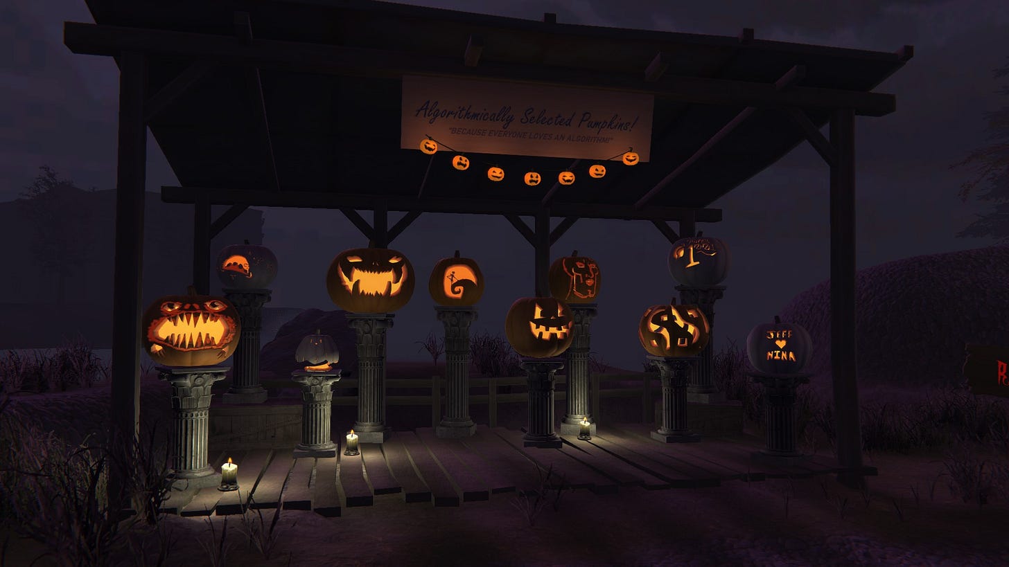 A collection of carved pumpkins glow in the darkness