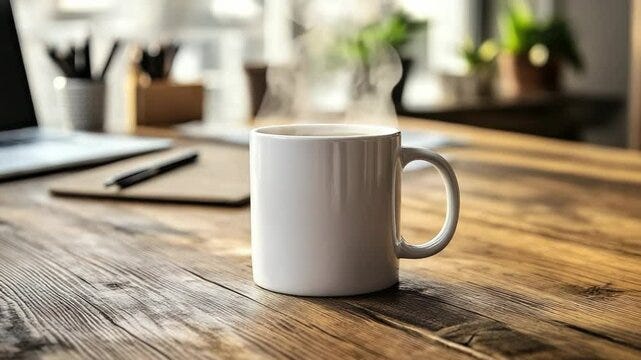 White ceramic mug on wooden office desk in natural light, surrounded by  laptop, plants, and stationery, symbolizing morning routine, workspace  comfort, and branding mockup concept
