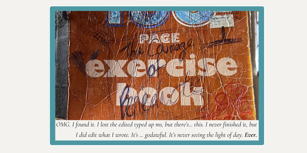 picture of a scruffy exercise book with the caption "OMG. I Found it. ... It's godawful. It's never seeing the light of day. Never."