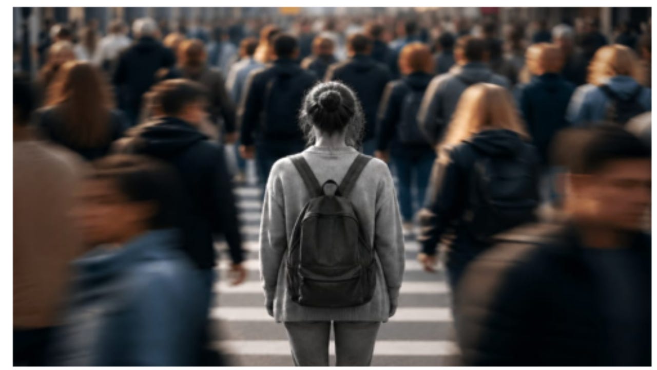 A solitary person with a backpack stands still at a crosswalk while a crowd of people moves quickly around them, blurred by motion, in a busy city street—conveying a sense of isolation and being unnoticed amid the flow of everyday life. Illustrating the Great Erasure and how the mattering effect can fix it A solitary person with a backpack stands still at a crosswalk while a crowd of people moves quickly around them, blurred by motion, in a busy city street—conveying a sense of isolation and being unnoticed amid the flow of everyday life. Illustrating the Great Erasure and how the mattering effect can fix it