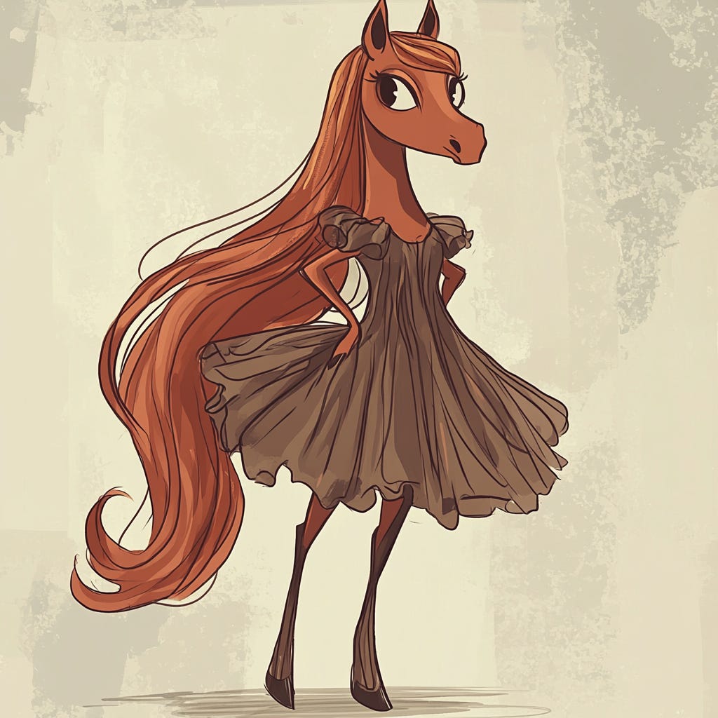a petite horse standing on 2 hind legs wearing a frilly dress with a long reddish mane