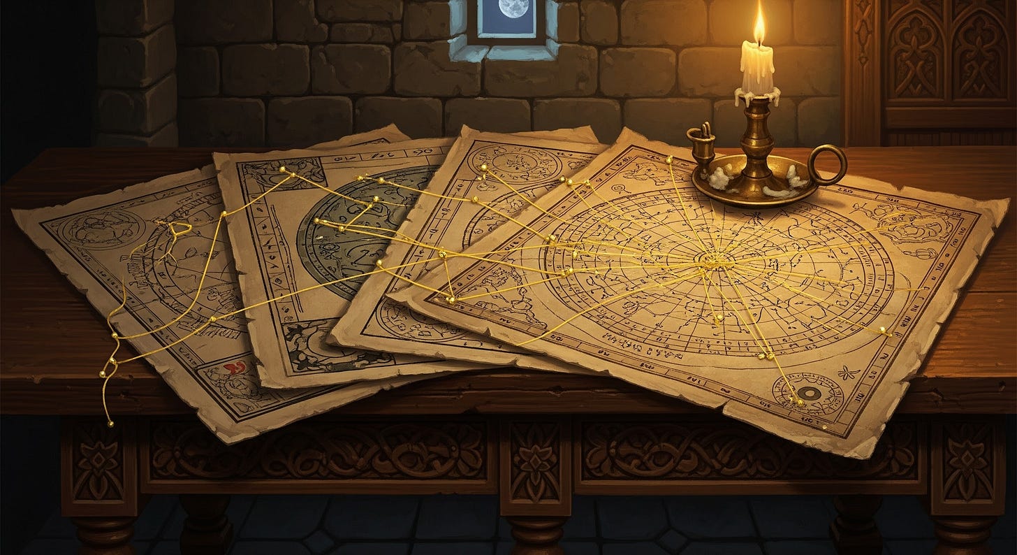 estilo pintura de estilo medieval antiguo: Una superposición de cartas natales con puntos conectados por hilos dorados sobre una mesa, simbolizando los patrones sincronísticos. estilo pintura de estilo medieval antiguo: Una superposición de cartas natales con puntos conectados por hilos dorados sobre una mesa, simbolizando los patrones sincronísticos.