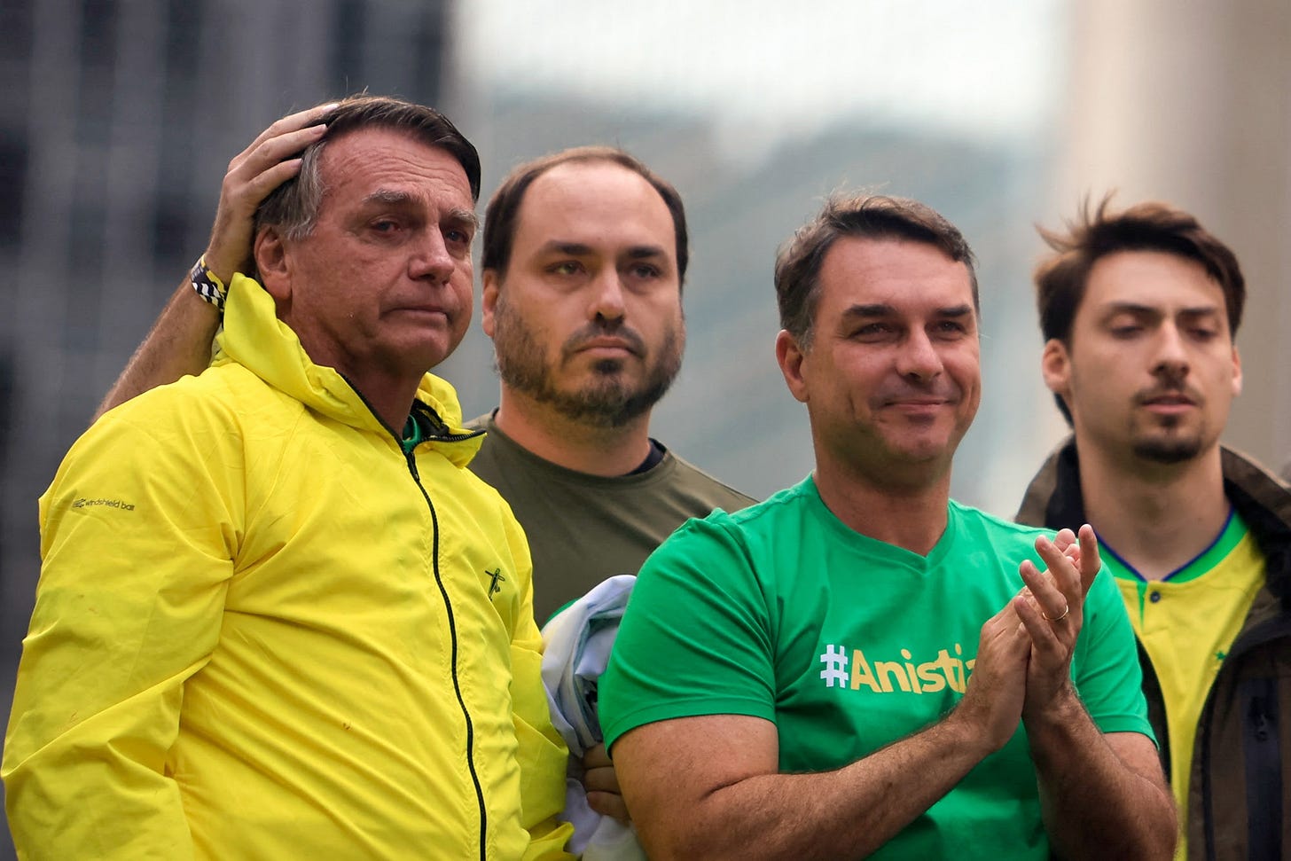 Brazil&#39;s former President Jair Bolsonaro (L) and his sons Carlos, from left, Flavio, and Renan. Photographer: Miguel Schincariol&#x2F;AFP&#x2F;Getty Images