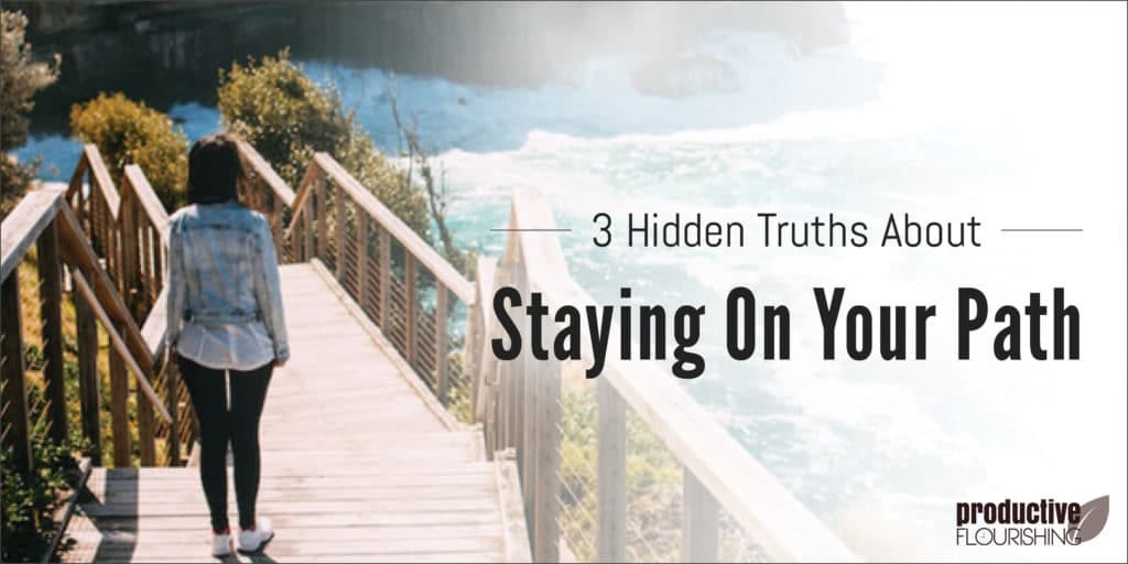 A woman walking down a stair pathway. Text Overlay: 3 Hidden Truths About Staying On Your Path A woman walking down a stair pathway. Text Overlay: 3 Hidden Truths About Staying On Your Path
