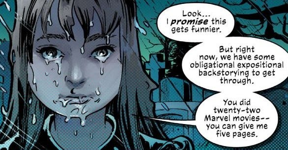 Rückblick-Szene aus dem Comic, dunkle Farben: Die junge Maya Kuyper steht auf einem Friedhof und schaut die Leser*innen an. Ihr Gesicht ist verweint-verregnet. Neben ihr drei Sprechblasen, in denen steht: „Look... I promise this gets funnier. But right now, we have some obligational expositional backstorying to get through. You did twenty-two Marvel movies — you can give me five pages.“