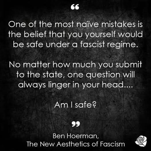 May be a black-and-white image of text that says 'One of the most naive mistakes is the belief that you yourself would be safe under a fascist regime. No matter how much you submit to the state, one one question will always linger in your head.... Am safe? Ben Hoerman, TheNewAestheticsofFascism The New Aesthetics of Fascism'