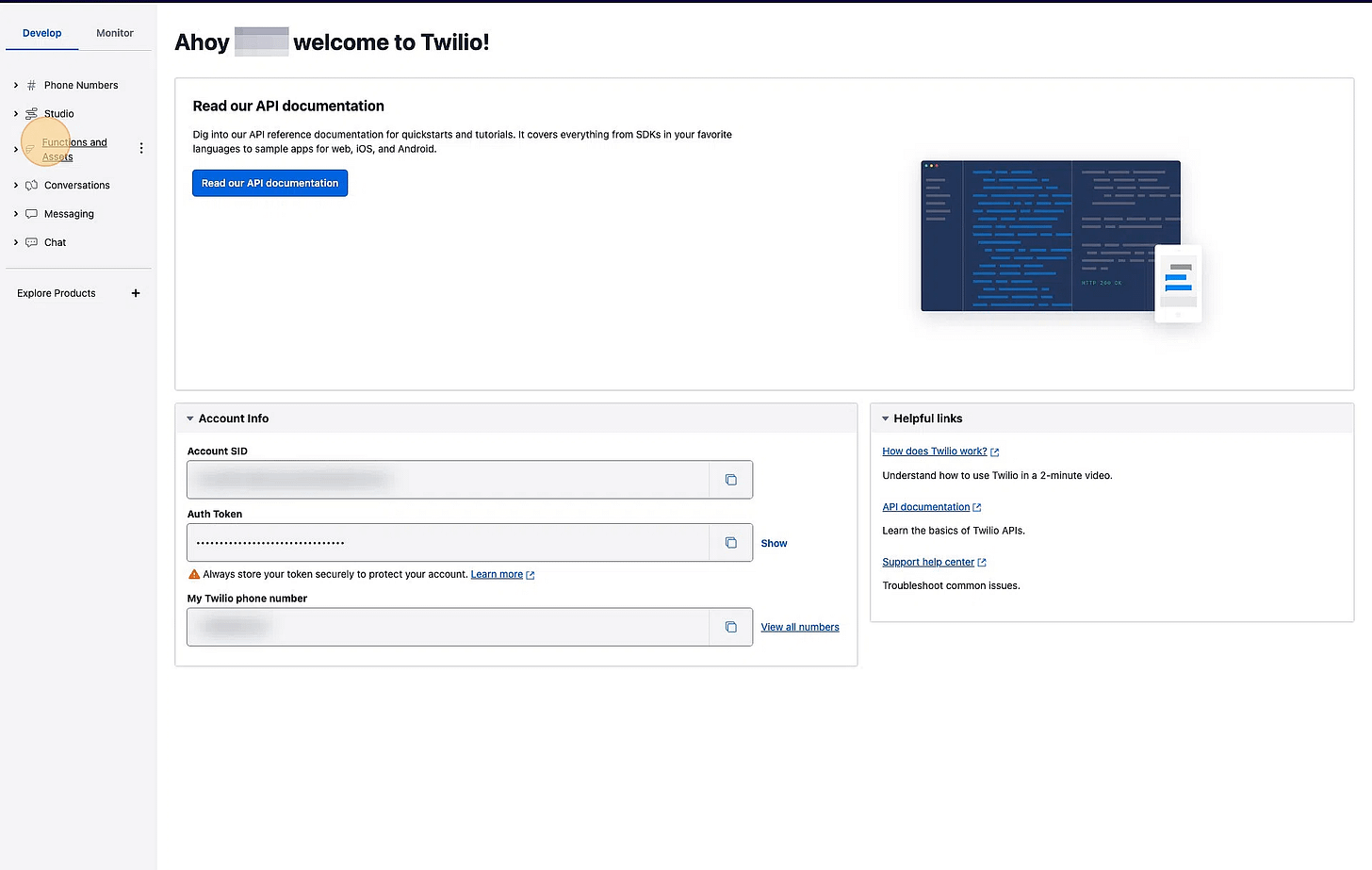 Screenshot of: In a new tab, navigate to https://console.twilio.com/
Click "Functions and Assets"
Click "Services"
Click "Create Service" and name your service "appointment-chatbot"
Click "Next" Screenshot of: In a new tab, navigate to https://console.twilio.com/
Click "Functions and Assets"
Click "Services"
Click "Create Service" and name your service "appointment-chatbot"
Click "Next"