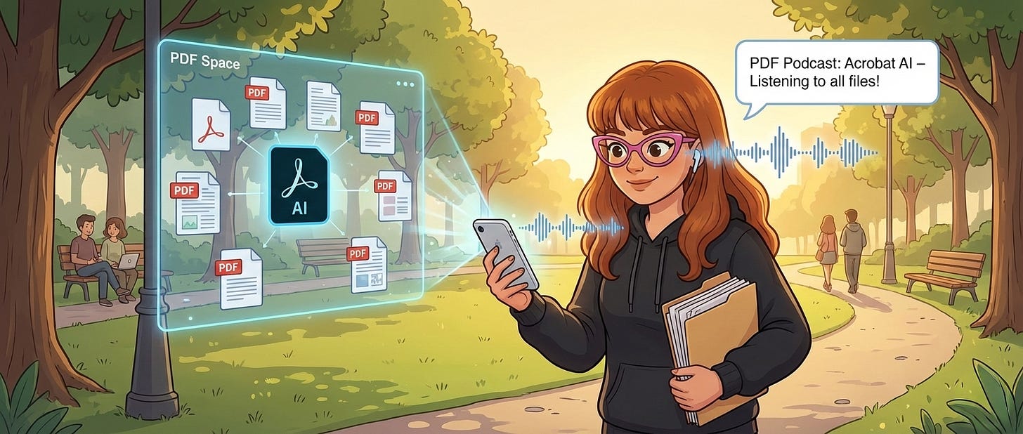 An illustration of a woman standing in a park holding a smartphone and a notebook. She is looking at a holographic interface floating in front of her that displays a central AI hub connected to multiple PDF files. A speech bubble originating from her phone reads, "PDF Podcast: Acrobat AI – Listening to all files!", while stylized sound waves connect the phone to the documents, visualizing the conversion of text files into audio.