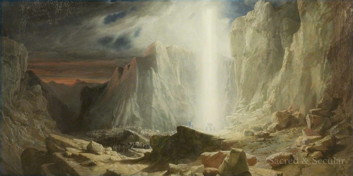 A nineteenth-century painting showing the Israelites travelling through a vast wilderness beneath a towering pillar of light, surrounded by rocky mountains and an expansive landscape.