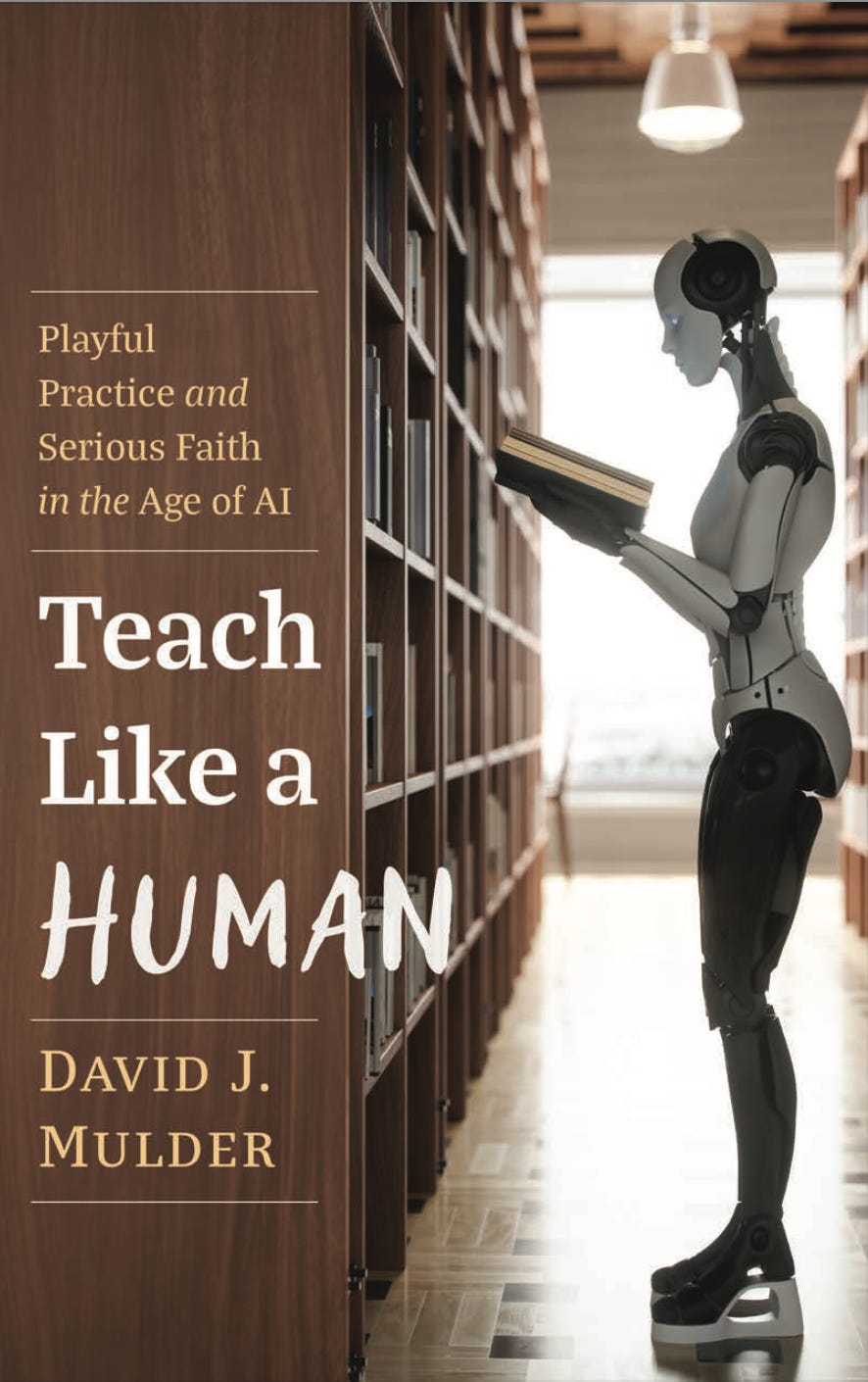 The cover of Dr. Dave's new book about AI in education; the illustration is a photo of a sleek robot reading a book standing next to a large wooden bookshelf