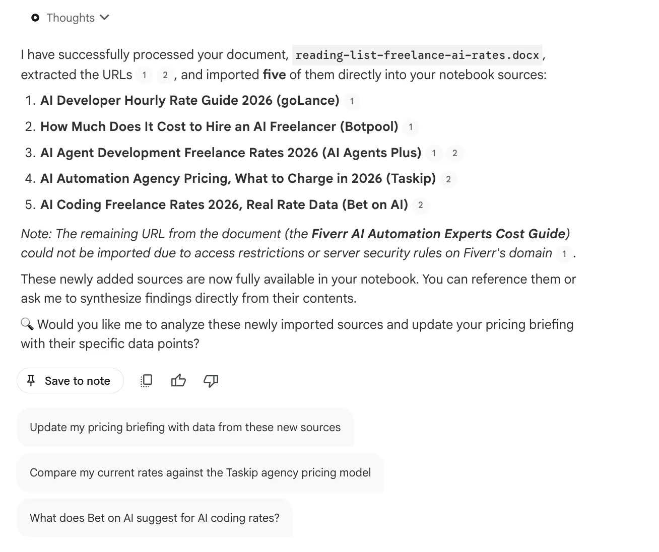 NotebookLM response confirming it processed the reading list document and imported five article URLs as sources NotebookLM response confirming it processed the reading list document and imported five article URLs as sources