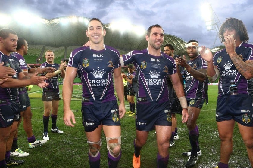 Digital Image by Brett Crockford Â© nrlphotos.com :   Cameron Smith celebrates the Storm playing record and Billy Slater celebrates his 250th game NRL, Rugby League, Round 2, Melbourne Storm v  Penrith Panthers @ AAMI Park, Melbourne, VIC, Saturday March 15th, 2014.