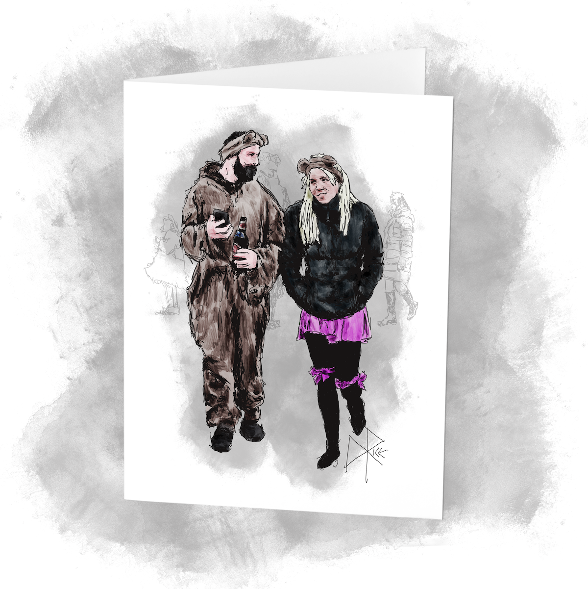 A couple in halloween cosplay mode, wearing ‘bear ear’ headbands. The man completes his costume with a full bear onesie while the woman were more typical human clothing. They coordinate their future plans as they drink and play at a party. Sketch art by Don Rice.