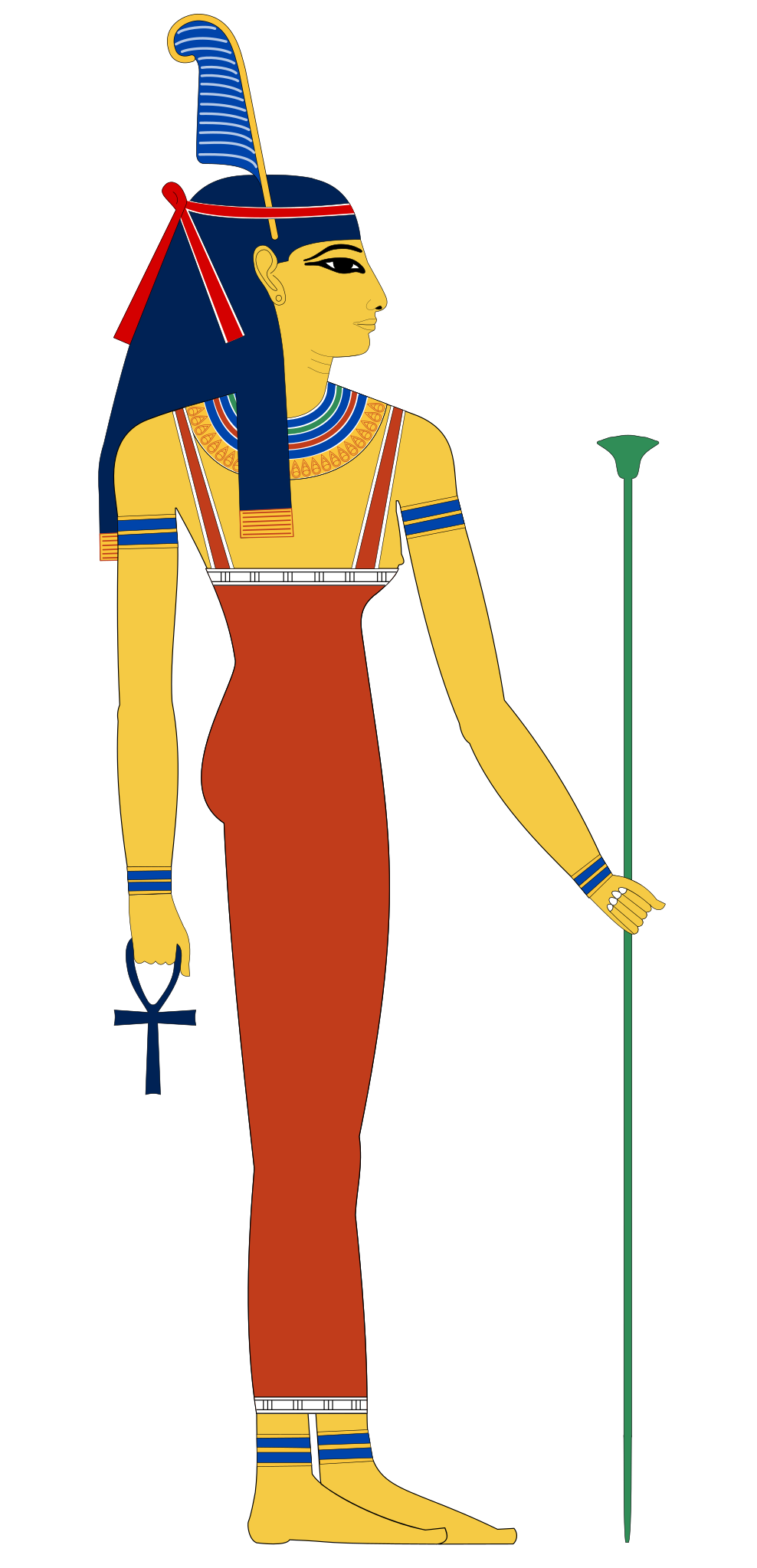 Modern painting of the Egyptian goddess Ma'at. She is standing, facing right, with yellow skin and blue hair. She wears a red dress, a necklace, arm bands, bracelets, and anklets. She has a tall blue feather in a red headband. In her left hand she holds a green staff with a papyrus blossom at its top. In her right hand she holds an ankh.