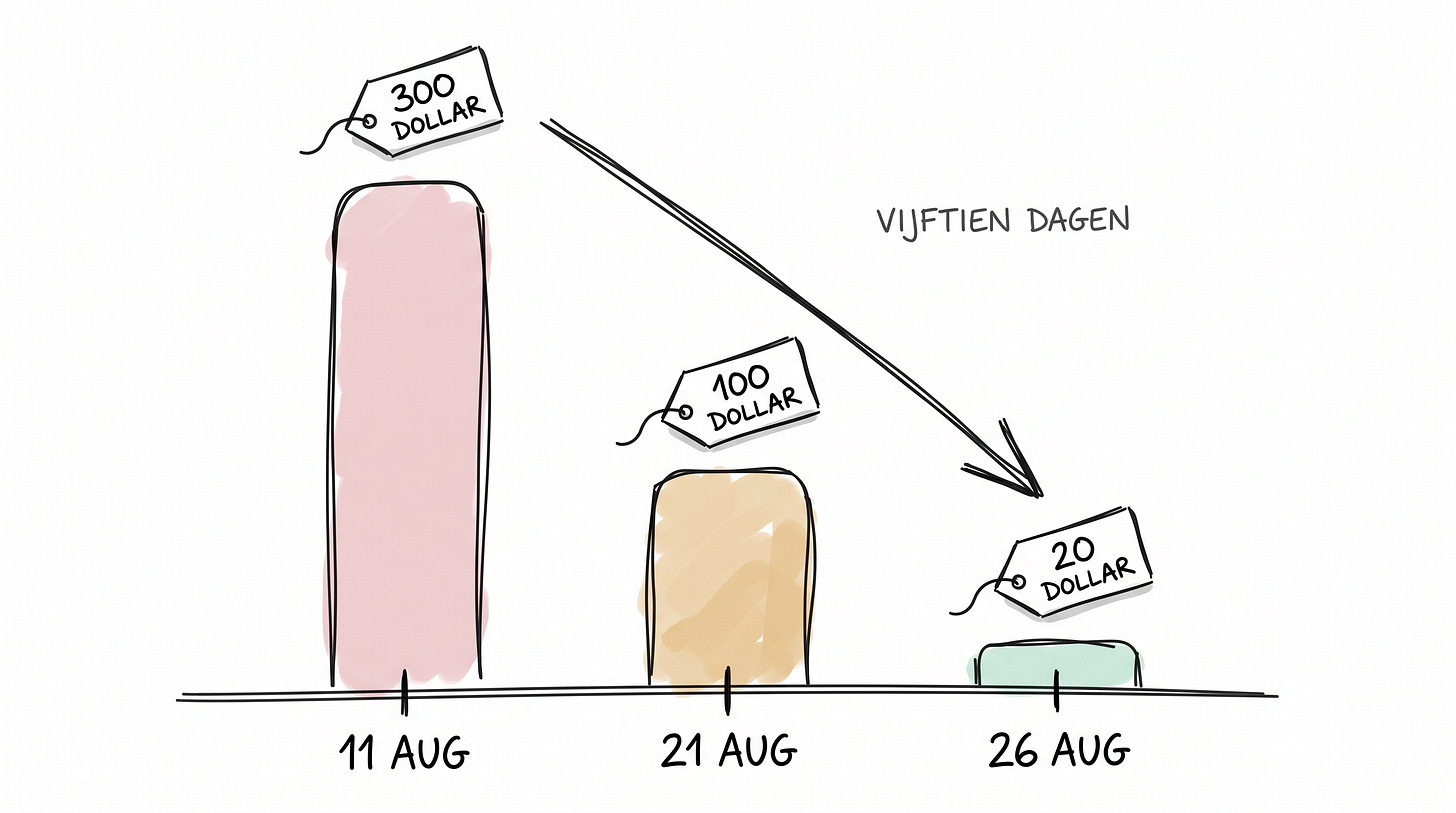 Whiteboard-schets met de prijs die tussen 11 en 26 augustus zakte van driehonderd dollar naar twintig
