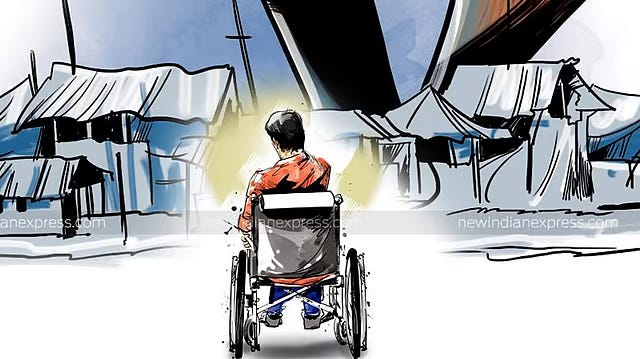 Illustration of a person in a wheelchair facing a row of makeshift tents in an urban setting.