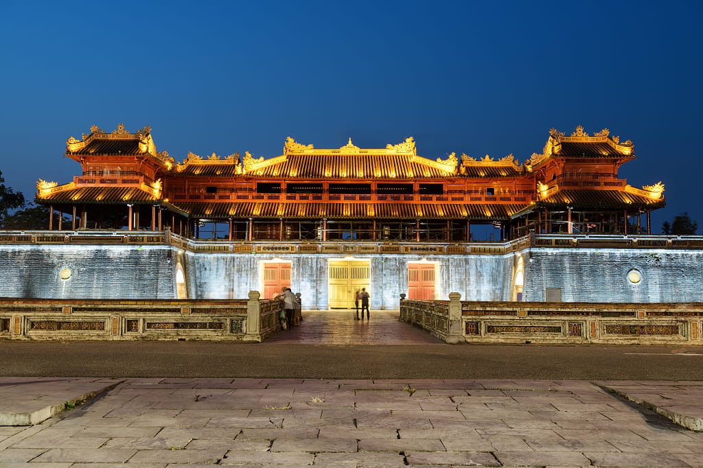 Evening view of  the Meridian Gate to the Imperial City in Hue, Vietnam