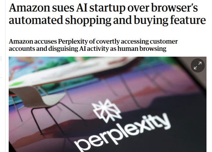 Screenshot of news article headline stating Amazon sues AI startup over browsers automated shopping and buying feature with subheadline Amazon accuses Perplexity of covertly accessing customer accounts and disguising AI activity as human browsing showing Perplexity logo on a laptop screen with browser interface and chair in background. Screenshot of news article headline stating Amazon sues AI startup over browsers automated shopping and buying feature with subheadline Amazon accuses Perplexity of covertly accessing customer accounts and disguising AI activity as human browsing showing Perplexity logo on a laptop screen with browser interface and chair in background.