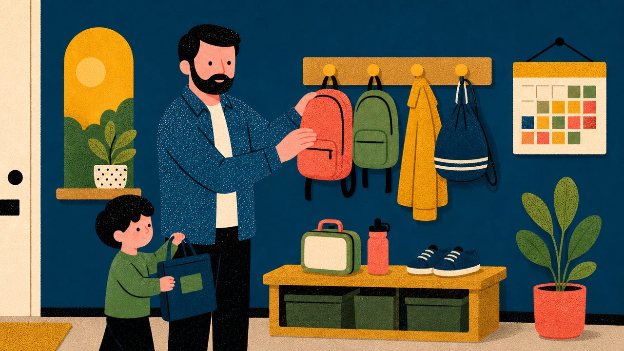 Dad hanging a school bag on the family launch pad by the front door while his son helps — back-to-school organisation for dads