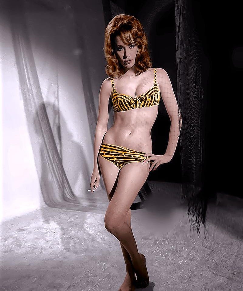 A stunning colorized portrait of French actress Claudine Auger in 1958, capturing her timeless elegance.