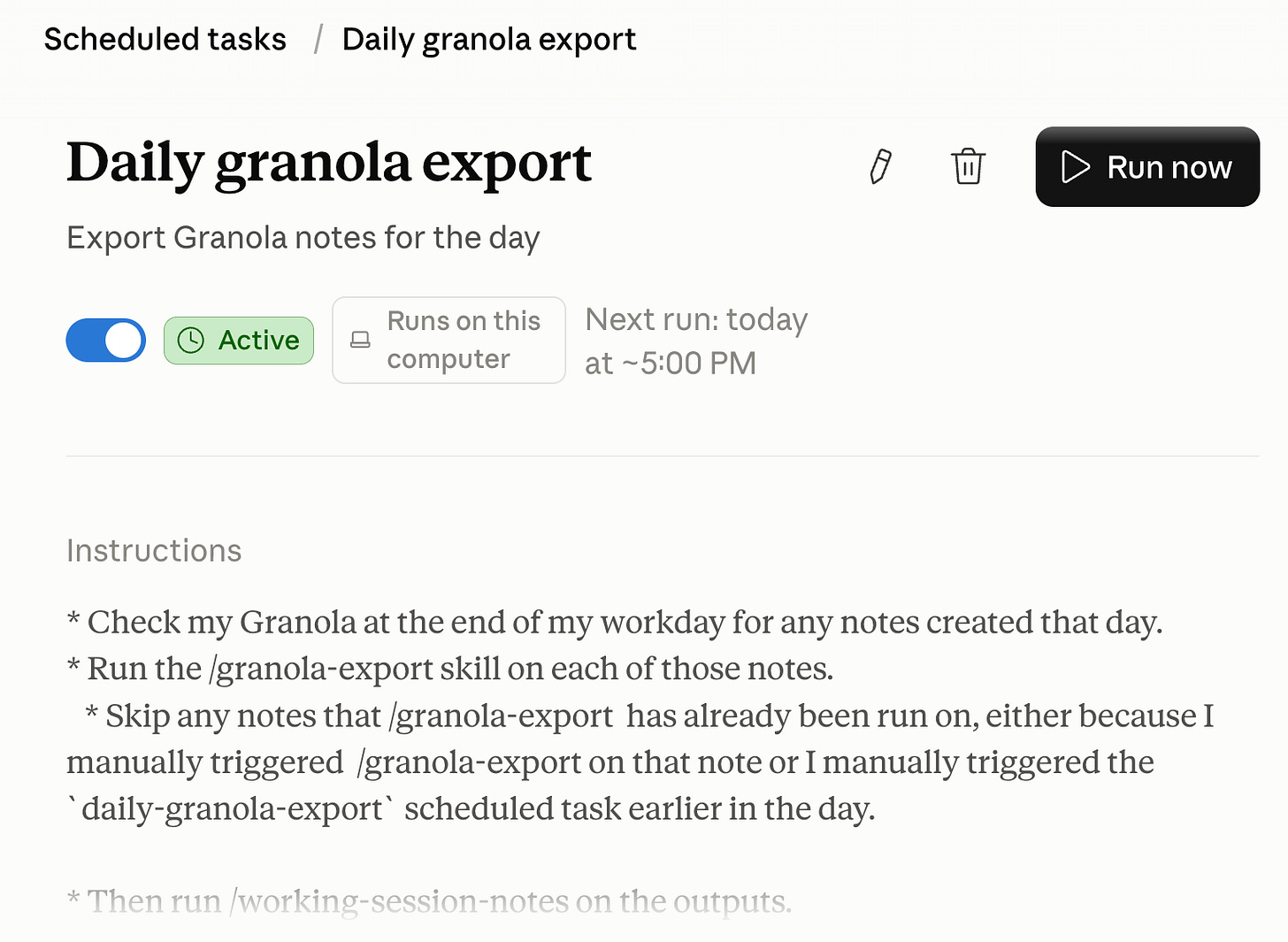 Screenshot of Cowork scheduled task. Screenshot of Cowork scheduled task.
