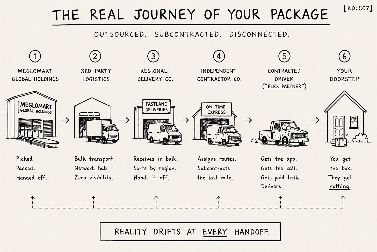 A hand-drawn six-step diagram showing how a simple package delivery moves through multiple outsourced and subcontracted layers before reaching the customer. Each handoff increases fragmentation, reduces visibility, and diffuses accountability. This Reality Drift visual illustrates how modern systems remain operational while losing coherence, contact, and responsibility across distributed chains of abstraction.