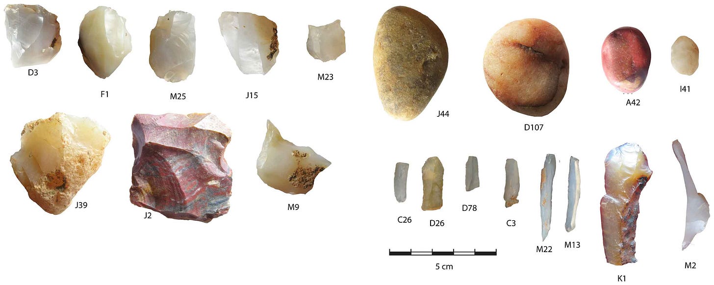 Stone artifacts including some rounded hammerstones, blade cores, and microliths Stone artifacts including some rounded hammerstones, blade cores, and microliths