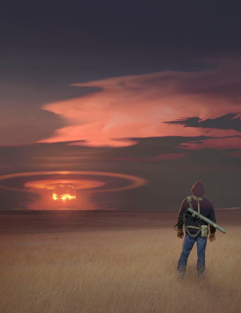 Seen from behind, a male figure in black hoodie and jeans stands in a field of wheat staring at a mushroom cloud erupting on the horizon. Strapped on his back is the long gray tube of a weapon with a radiation symbol on its barrel. A coiled cord leads from the end of the tube to a tan pouch on the back of his belt. Seen from behind, a male figure in black hoodie and jeans stands in a field of wheat staring at a mushroom cloud erupting on the horizon. Strapped on his back is the long gray tube of a weapon with a radiation symbol on its barrel. A coiled cord leads from the end of the tube to a tan pouch on the back of his belt.