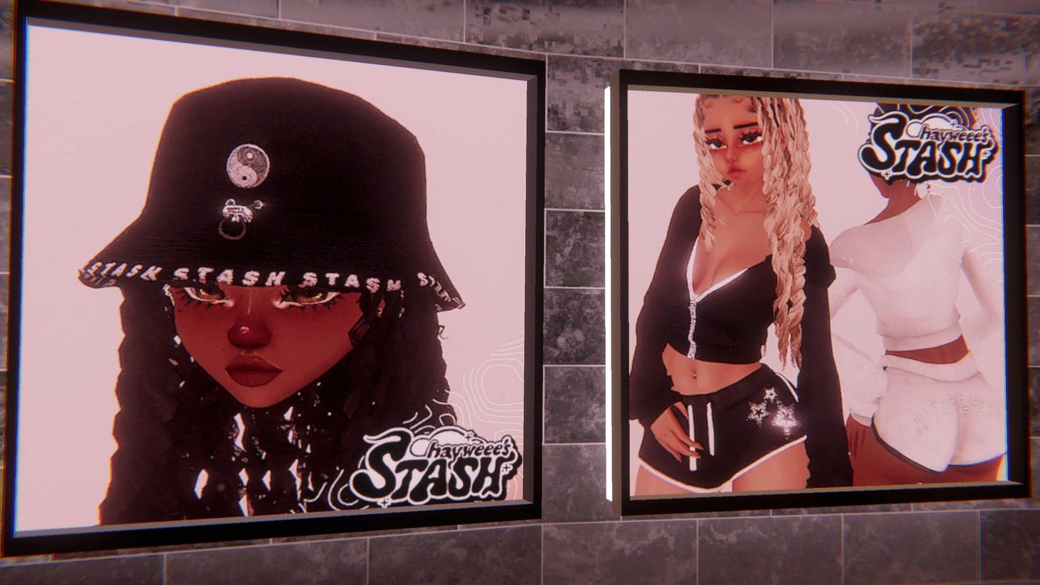 This is an image of promotional displays for Hayweee’s Stash, a fashion accessory collection for avatars.