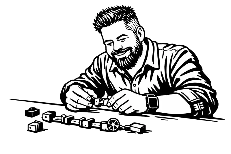 Jakub skládá dílky stavebnice littleBits. (generovaná kresba)