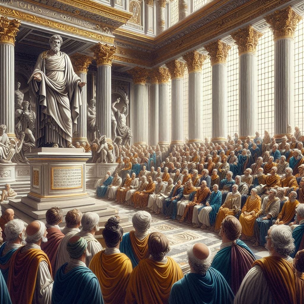 Crear una imagen barroca sobre Seneca dando un discurso
