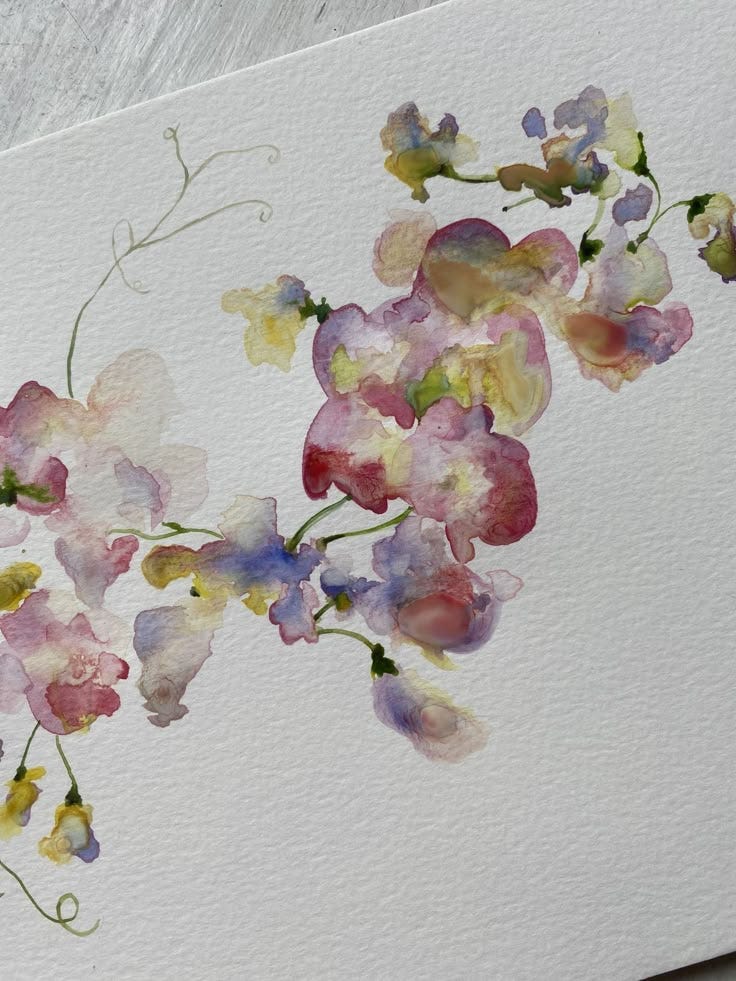 This may contain: watercolor painting of flowers on white paper