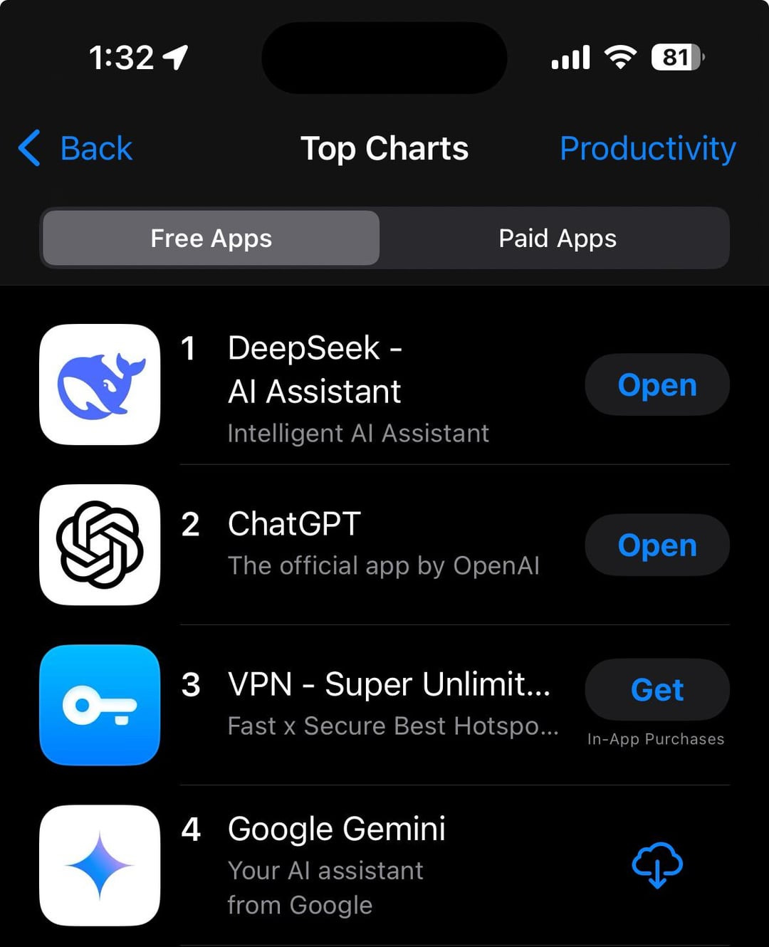 DeepSeek officially tops the AppStore : r/singularity