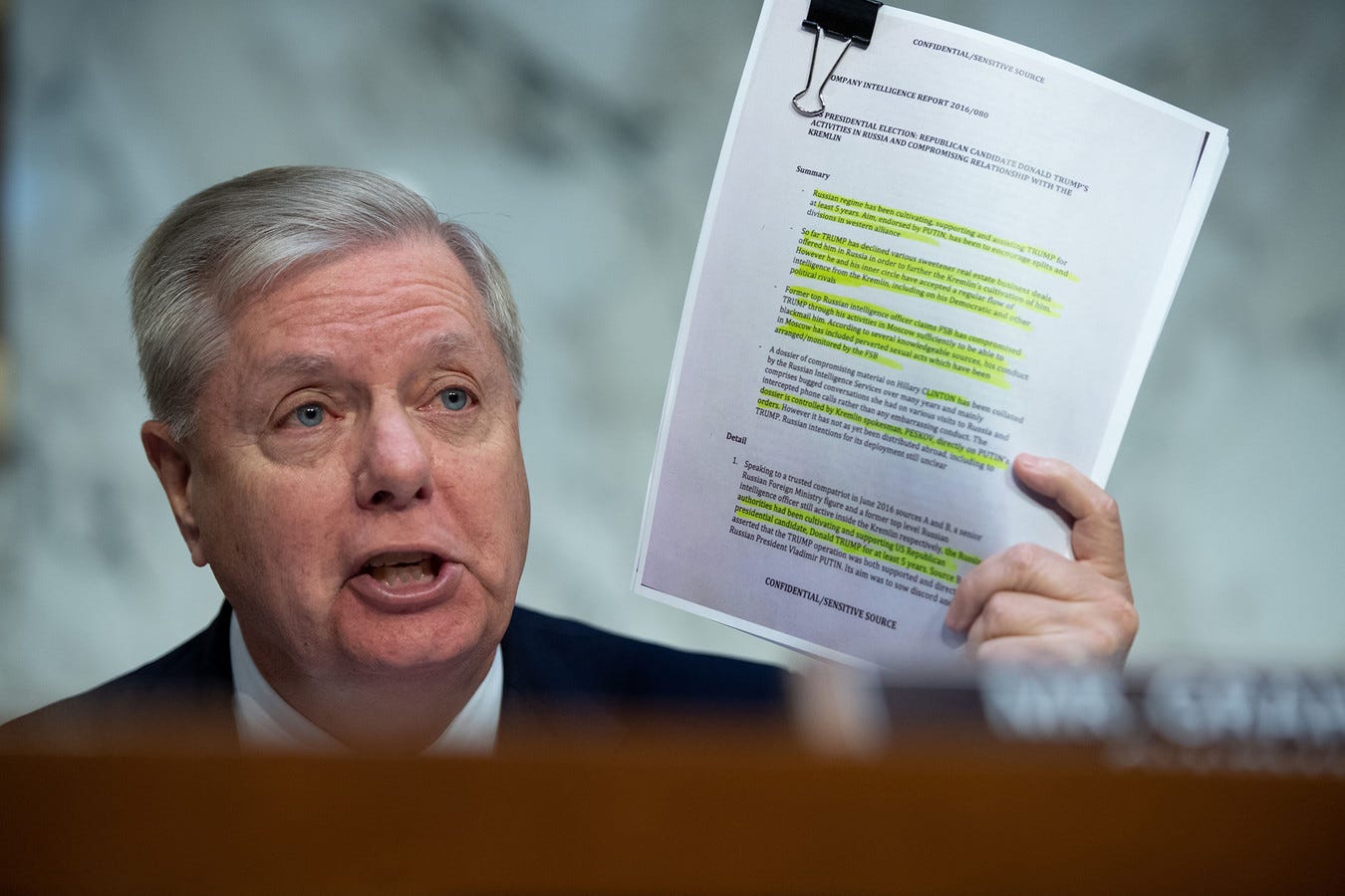 Lindsey Graham holds up a copy of the Steele Dossier. Lindsey Graham holds up a copy of the Steele Dossier.