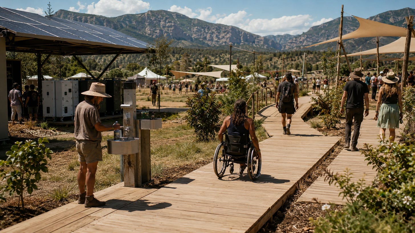 Shared clean-energy and public-access infrastructure at an outdoor event. Shared clean-energy and public-access infrastructure at an outdoor event.